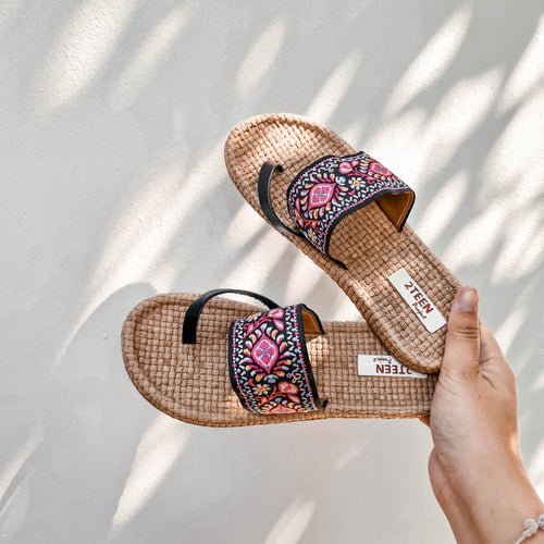 Handmade sandals in leather boho pink pattern strip