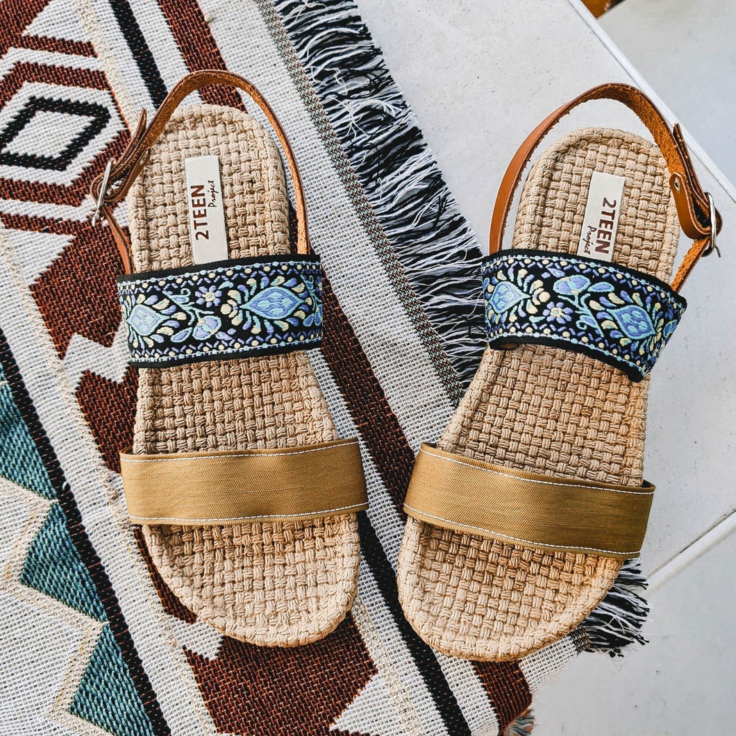 Handmade sandals in leather boho blue pattern strip
