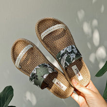 Load image into Gallery viewer, Handmade sandals with white strap and green patterns
