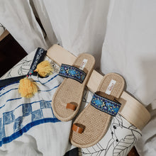 Load image into Gallery viewer, Handmade sandals in leather boho blue pattern strip indoor
