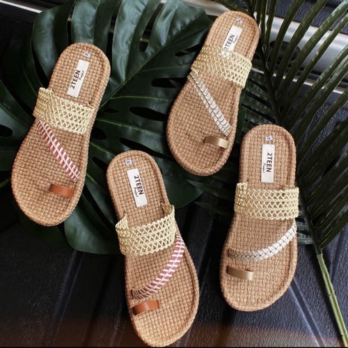2 pairs of handmade sandals with strap and elastic bands on the leaves 