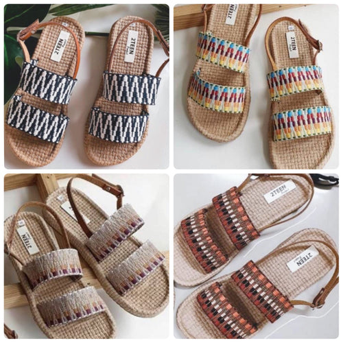 Handmade double straps sandals in 4 colors, navy, rainbow, chocolate, and beige
