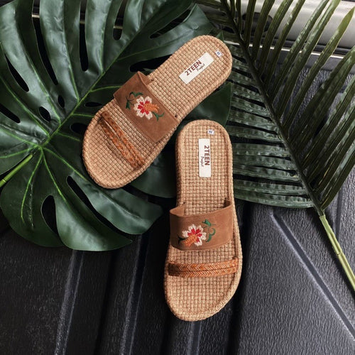 Handmade sandals in hibiscus blossom design slip on