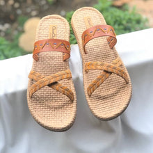 Load image into Gallery viewer, Handmade sandals with brown bamboo cross and leather strap
