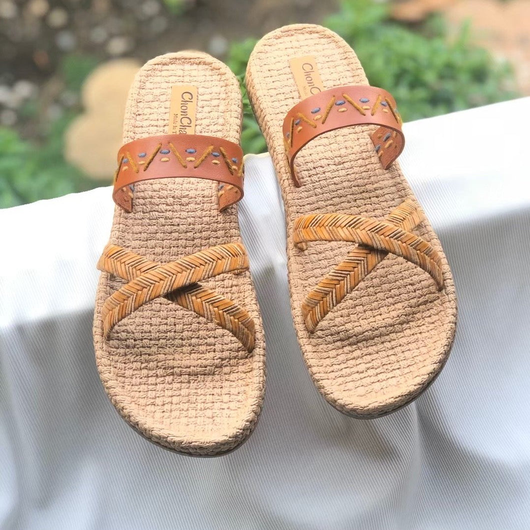 Handmade sandals with brown bamboo cross and leather strap